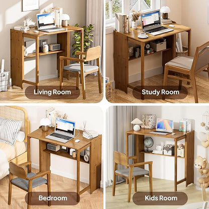 Bamboo Folding Desk for Small Spaces, Mid Century Small Computer Foldable Desk for Bedroom Home Office, Space Saving Sofa Table for Couch, Writing Work Office Desk,Brown