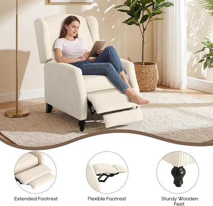 Wingback Recliner Chair, Tufted Corduroy Push Back Arm Chair for Living Room Vintage Recliner Chair with, Padded Cushion, Backrest, Wooden Legs (White)