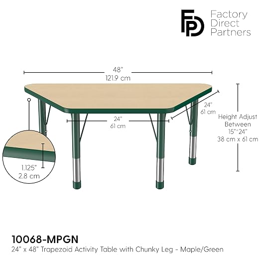 FDP Trapezoid Activity School and Classroom Kids Table (24 x 48 inch), Chunky Toddler Legs for Collaborative Seating Environments, Adjustable Height 15-24 inches - Maple Top and Green Edge