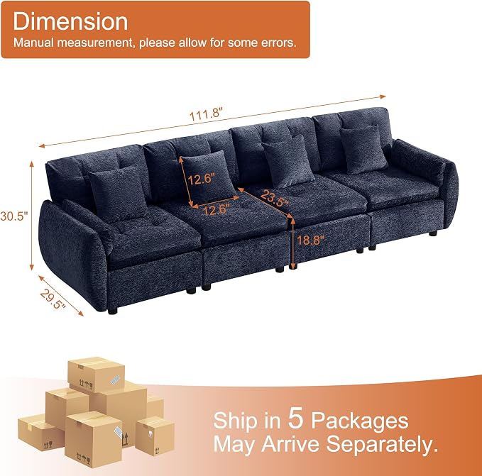 112" Oversized Modular Cloud Sofa, Deep Seat Tufted Chenille 4-Seater Sectional Couch with Curved Arms, Comfy Sofas for Living Room, Blue