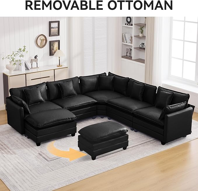 WUTUTUEE 35'' Modern Leather Cloud Sofa Ottoman,Rectangle Ottoman for Modular Sectional Sofa, Leather Black