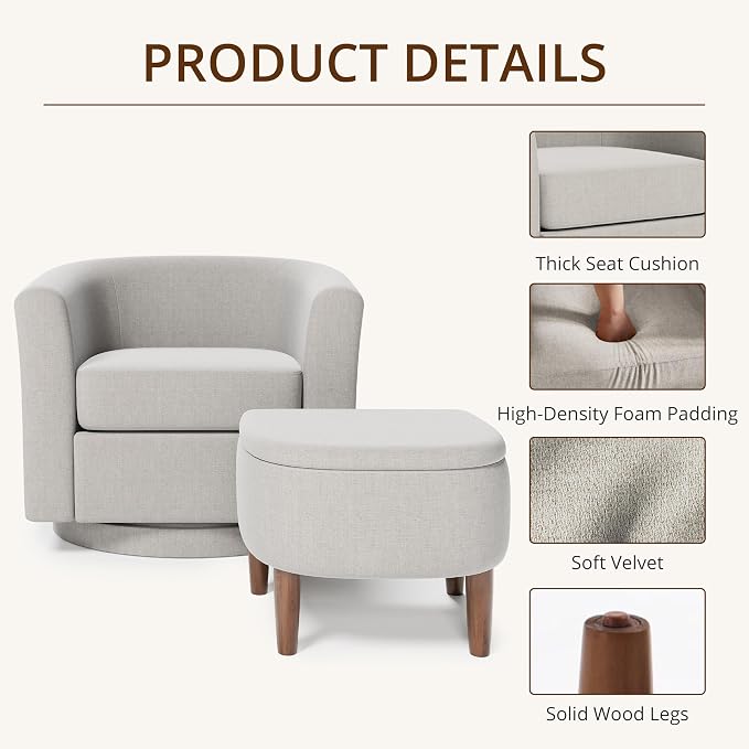 Swivel Accent Chair with Storage Ottoman, Modern Velvet Barrel Chair, Upholstered Armchair with Footrest for Living Room/Reading/Bedroom, 25.4'' D x 28.35'' W x 24.4'' H, White
