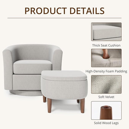 Swivel Accent Chair with Storage Ottoman Set of 2, Modern Velvet Barrel Chair, Upholstered Armchair with Footrest for Living Room/Reading/Bedroom, 25.4'' D x 28.35'' W x 24.4'' H, White