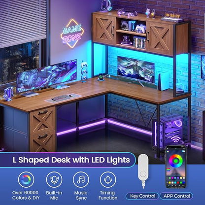 SEDETA Farmhouse L Shaped Desk with Hutch, Reversible 86.6" Home Office Two Person Desk with Drawers and LED Light, Corner Gaming Desk with Power Outlet and Storage Shelves, Brown
