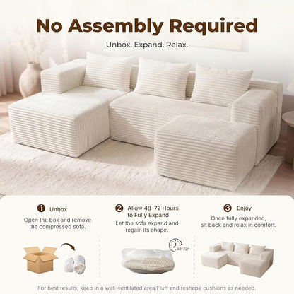 Modular Sectional U-Shaped Sofa with Deep Seat, Modern Boneless Comfy Corduroy Fluffy Couch with Side Pockets and Anti-Slip & Floor-Friendly Bottom for Living Room, No Assembly, White
