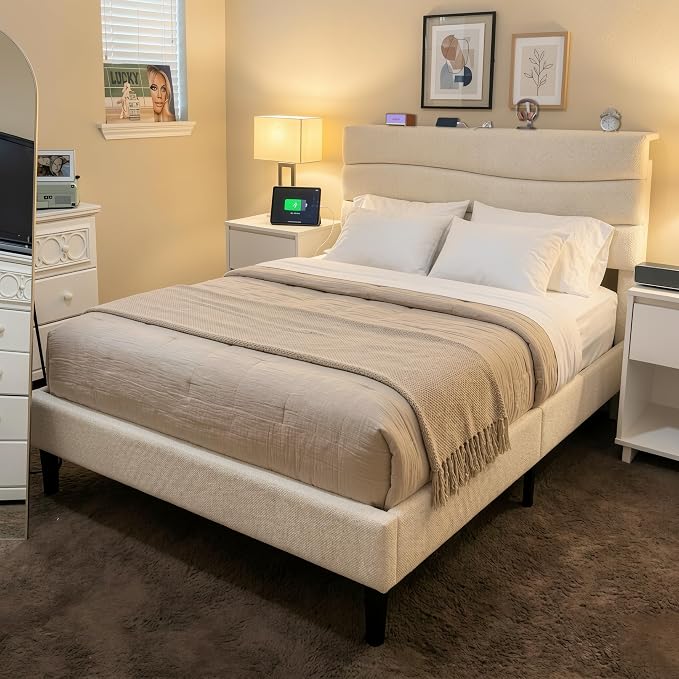 EnHomee Full Size Bed Frame with Adjustable Height Headboard,Upholstered Platform Bed with Charging Stations, Noise-Free,No Box Spring Needed, Easy Assembly,Beige