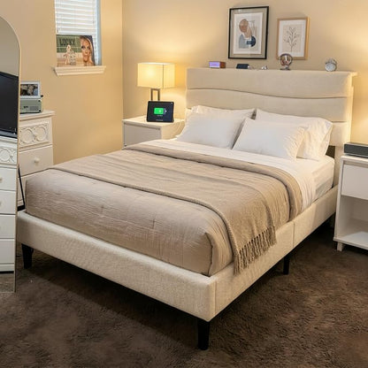 EnHomee Full Size Bed Frame with Adjustable Height Headboard,Upholstered Platform Bed with Charging Stations, Noise-Free,No Box Spring Needed, Easy Assembly,Beige