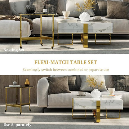 White Faux Marble Coffee Table Set with End Table, Luxurious Gold Coffee Tables 2 in 1, Nesting Coffee Table Set for Living Room Apartment