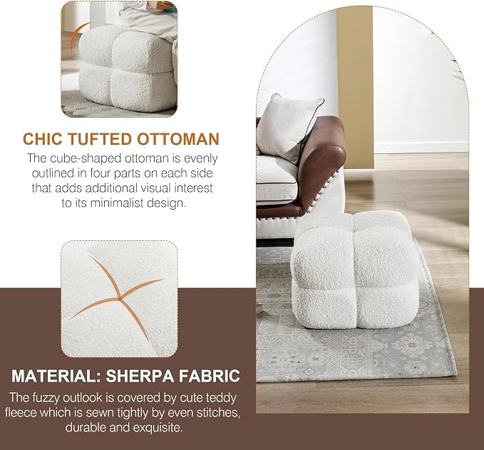 Zesthouse Square Pouf Ottoman Footstool, Modern Backless Vanity Chair for Bedroom, White Fuzzy Foot Rest for Couch, Upholstered Tufted Footstool, Sherpa Fabric Ottoman Coffee Table for Living Room
