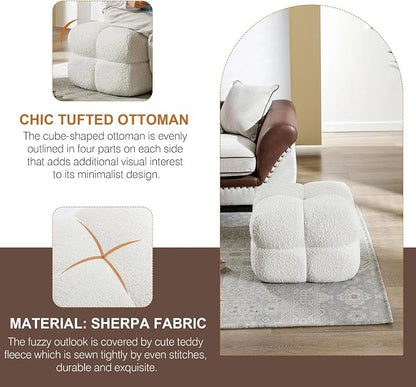 Zesthouse Square Pouf Ottoman Footstool, Modern Backless Vanity Chair for Bedroom, White Fuzzy Foot Rest for Couch, Upholstered Tufted Footstool, Sherpa Fabric Ottoman Coffee Table for Living Room