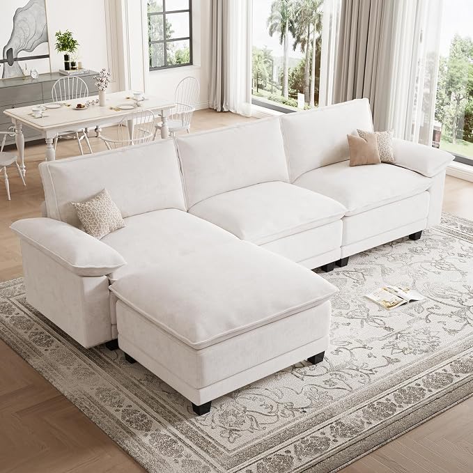 Modern L Shaped Sofa Couches for Living Room, Modular Sectional Cloud Couch with Movable Ottoman, Comfy Chenille Sofa for Apartment and Small Space, Beige