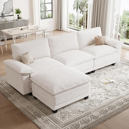 Modern L Shaped Sofa Couches for Living Room, Modular Sectional Cloud Couch with Movable Ottoman, Comfy Chenille Sofa for Apartment and Small Space, Beige