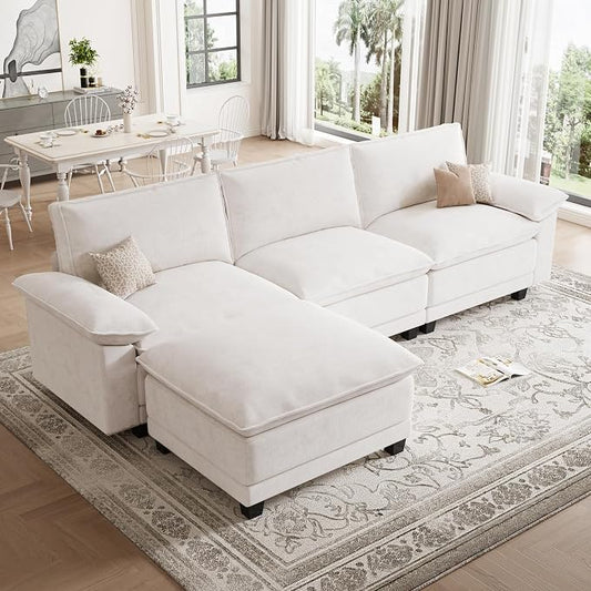 Modern L Shaped Sofa Couches for Living Room, Modular Sectional Cloud Couch with Movable Ottoman, Comfy Chenille Sofa for Apartment and Small Space, Beige