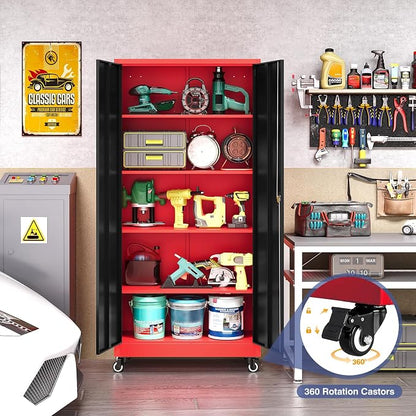 Metal Storage Cabinet with Wheels, Tall Garage Storage Cabinet with 4 Adjustable Shelves and 2 Doors, Lockable Tool Cabinet for Garage Home Office,Gym,School(Black-Red)
