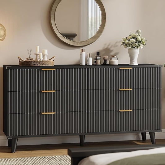 Lulive Black Dresser for Bedroom Wood Dressers Chest of Drawers, Fluted 54" Wide Modern Long Dresser TV Stand 6 Drawers for Bedroom, Closet, Hallway (Black)