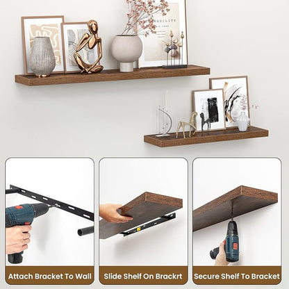 Heimlove 55 Inch Floating Shelves for Wall,Extra Long Mounted Storage wall Shelves with Invisible Metal Bracket for Bedroom Living Room Kitchen Office Set of 2,Rustic Brown