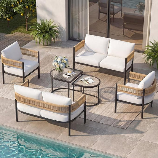 Grand patio 6-Piece Wicker Outdoor Furniture Set with Natural Thick Cushions and Coffee Table, Patio Sofa Conversation Set for Backyard, Balcony, Garden