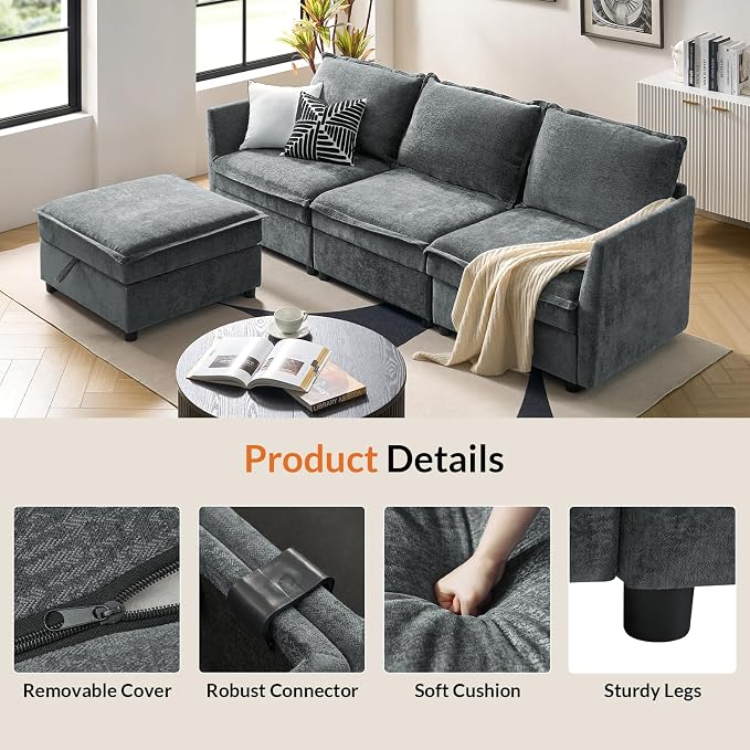 HULALA HOME 97'' Modular Sectional Sofa, L Shaped Couch with Storage Ottoman, Comfy Chenille Sofa with Deep Seat, 4 Seat Convertible Sectional Couches for Living Room, Grey