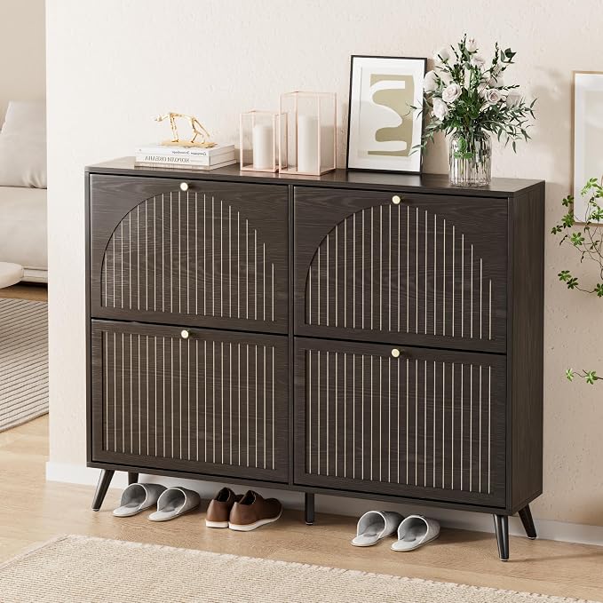 Fsbecl Shoe Storage Cabinet for Entryway with 4 Flip Drawers, Narrow Shoe Organizer with Fluted Panel, Freestanding Wood Hidden Shoe Cabinet (Black, 4 Flip Drawers)