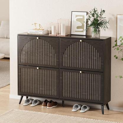 Fsbecl Shoe Storage Cabinet for Entryway with 4 Flip Drawers, Narrow Shoe Organizer with Fluted Panel, Freestanding Wood Hidden Shoe Cabinet (Black, 4 Flip Drawers)