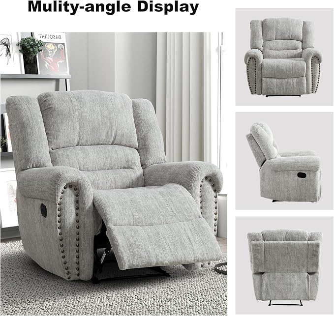 INZOY Recliner Chair, Heavy Duty Manual Reclining Sofa Single Lounge Sofa for Living Room, Home Theater Seating, Grey White