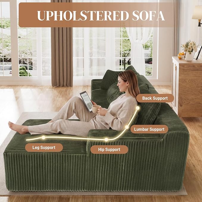 110" L Shaped Cloud Boneless Sectional Couches for Living Room, Modern Comfy Modular Deep Seat Memory Foam Compressed Corduroy Sofa Oversized Right Facing Chaise, No Assembly Required, Green