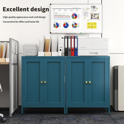 Blue Metal Storage Cabinet with 2 Doors - 31.5''H Bathroom Floor Storage Cabinet, 3 Tier Locker with Adjustable Shelves, Bathroom Cabinet for Office, Home, Living Room, Kitchen