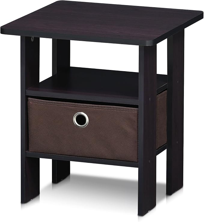 Furinno TIDUR 3-Tier Night Stand, Nightstand with Storage Bin, Dark Walnut | Open Shelf Design, Bedside Table, End Table, Side Table for Bedroom, Living Room