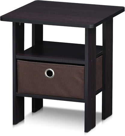 Furinno TIDUR 3-Tier Night Stand, Nightstand with Storage Bin, Dark Walnut | Open Shelf Design, Bedside Table, End Table, Side Table for Bedroom, Living Room