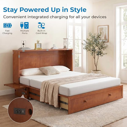 Mjkone Queen Murphy Bed Cabinet with Mattress Included, Cabinet Murphy Chest Bed with Drawer and USB Charging, Bedside Panel, Convertible Hidden Guest Wall Beds for Bedroom, Apartment - Cherry