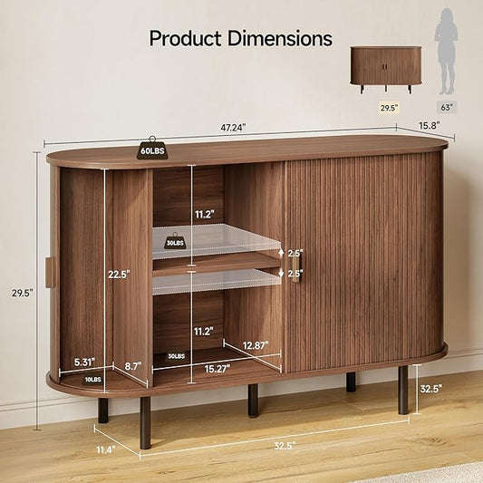 Buffet Sideboard Cabinet with Storage, 48" Fluted Cabinet with Sliding Door & Adjustable Shelf, Modern Accent Coffee Bar Console Table for Kitchen, Entryway, Walnut