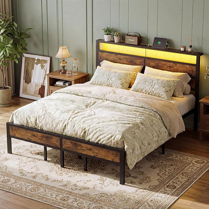 King Size Bed Frame with LED Lights & Charging Station, Brown Metal Platform Bed with Wood Headboard and Sturdy Slats, No Box Spring Needed