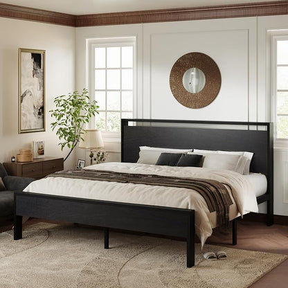 Allewie King Size Platform Bed Frame with Wooden Headboard and Footboard, Heavy Duty 12 Metal Slats Support, No Box Spring Needed, Under-Bed Storage, Noise Free, Easy Assembly, Black Oak