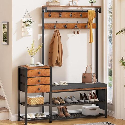Itaar Coat Rack, Hall Tree with Bench and Shoe Storage, 7-in-1 Entryway Bench with Soft Cushion, Storage Bag, 3 Fabric Drawers(Rustic Brown)