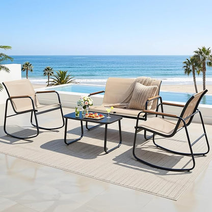 DWVO 4-Piece Patio Furniture Set, Textilene Conversation Set with Wooden Armrest Rocking Chairs and Tempered Glass Table for Indoor Outdoor Patio Lawn Garden Poolside, Brown