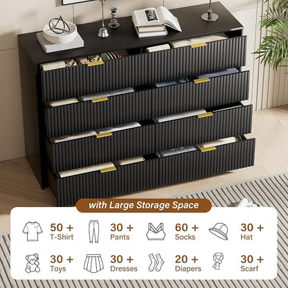 Furniway Black Dresser Bedroom Set 3 Pieces, Nightstands Sets of 2, 8 Drawer Dresser with Gold Handles for Bedroom