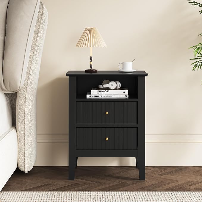 RoyalCraft Black Fluted Nightstand with 2 Drawers, Colorful Nightstand for Bedroom, Modern Wooden End Table with Storage for Small Spaces, Tall Side Sofa Table for Couch, Home Office