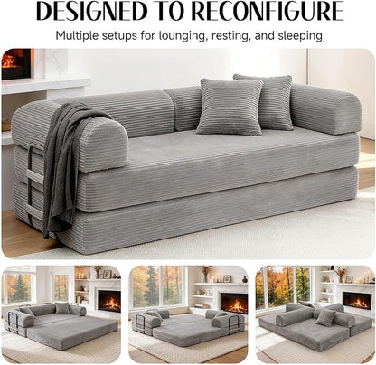 78.8" Memory Foam Boneless Couch, Corduroy Floor Sofa Bed, Convertible Sleeper Futon Loveseat, Wide Armrests & Back Support, Supports Up to 1200 lbs, Couch in a Box with 2 Pillows, Light Grey