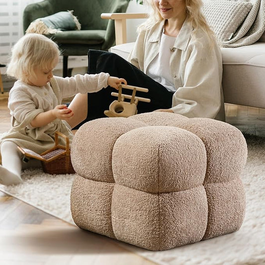 Zesthouse Square Pouf Ottoman Footstool, Modern Backless Vanity Stool for Bedroom, Tan Fuzzy Foot Rest for Couch, Upholstered Tufted Footstool, Sherpa Fabric Ottoman Coffee Table for Living Room