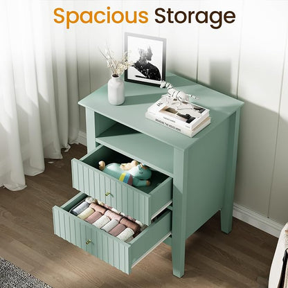 RoyalCraft Fluted Nightstand with 2 Drawers, Colorful Nightstand for Bedroom, Modern Wooden End Table with Storage for Small Spaces, Tall Side Sofa Table for Couch, Home Office, Milky Green
