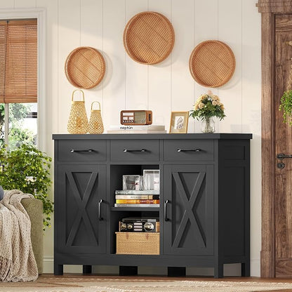 TEENFON Storage Cabinet, Coffee Bar Cabinet with 3 Drawers, 2 Adjustable Shelves & 2 Doors, Buffet Cabinet, Kitchen Cabinet for Kitchen, Dining Room, Living Room, Black