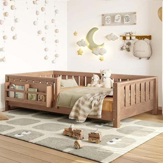 Bellemave Twin Floor Bed with Rails and Slats, Twin Size Montessori Floor Bed with Bookshelf and Fence, Easy Assemble Montessori Beds Frame for Girls, Boys, Natural