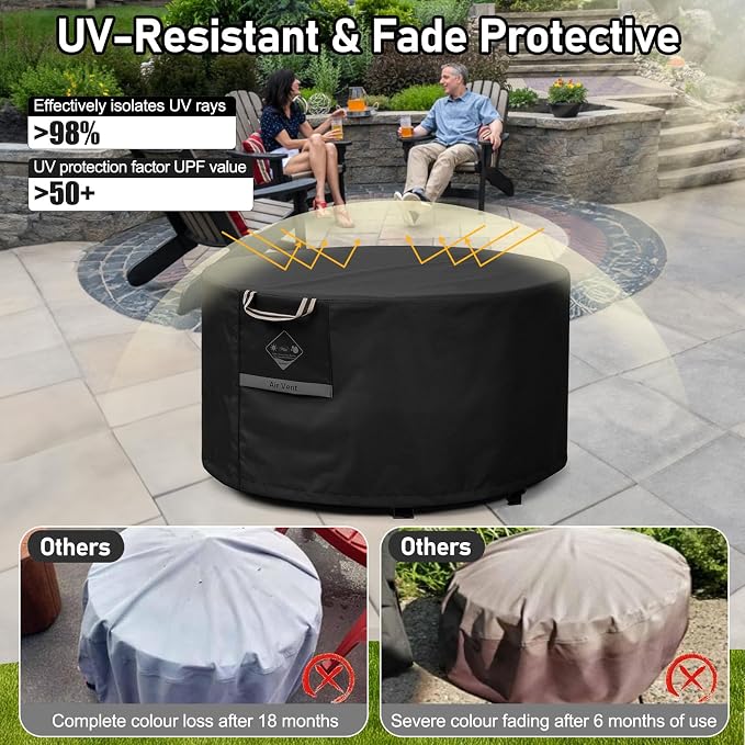 QH.HOME Fire Pit Cover Round Super Waterproof, 28" D X 16" H Outdoor Round Firepit Cover 600D Strong Tear Resistant, UPF 50+ Fire Pit Covers Premium Fading Resistant for Outdoor Fire Pit - Black