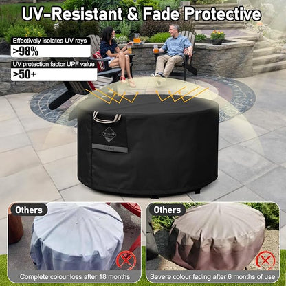 QH.HOME Fire Pit Cover Round Super Waterproof, 28" D X 16" H Outdoor Round Firepit Cover 600D Strong Tear Resistant, UPF 50+ Fire Pit Covers Premium Fading Resistant for Outdoor Fire Pit - Black