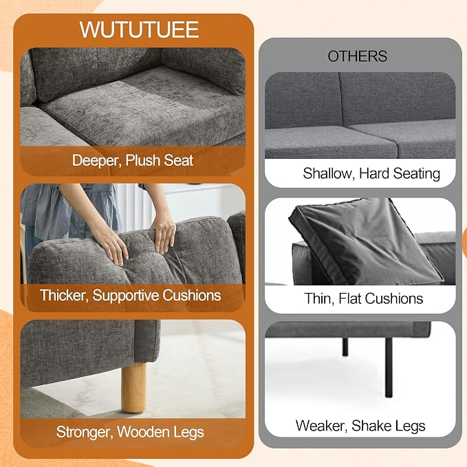 WUTUTUEE 65" Chenille Modern Loveseat Sofa, Upholstered 2-Seater Love Seat Couch with Armrest Pillows, Storage Pockets, Easy Assembly, Tufted Loveseat Couches for Living Room Bedroom, Light Grey