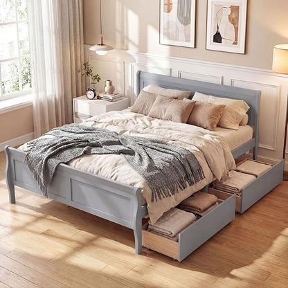Giantex Full Bed Frame with 2 Storage Drawers, Wood Platform Bed with Headboard & Footboard, Wooden Slats Support Mattress Foundation, Sleigh Bedframe for Teens Adults, No Box Spring Needed (Grey)
