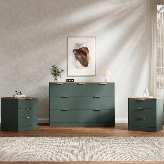 3 Pieces of Dresser and Nightstand Set,47.2" Width 7-Drawer Dresser & 3-Drawer Nightstands Set of 2 w/Gold Metal Handle, Modern Design for Bedroom,Green & Brown