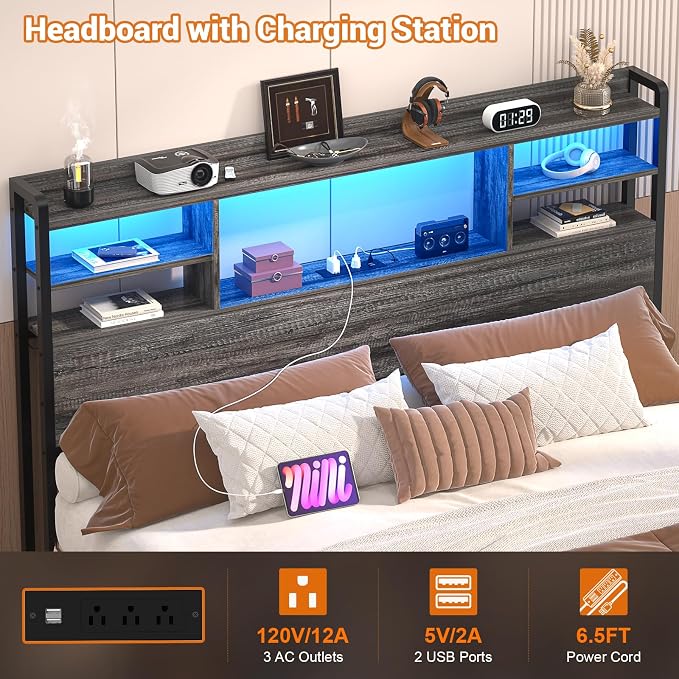 Aheaplus Headboard for Full Size Bed with Storage, Headboards with LED Light, Power Outlets, USB Ports Full Size Head Board, Wood headboard Only Sturdy and Stable Headboards, Modern, Black Oak