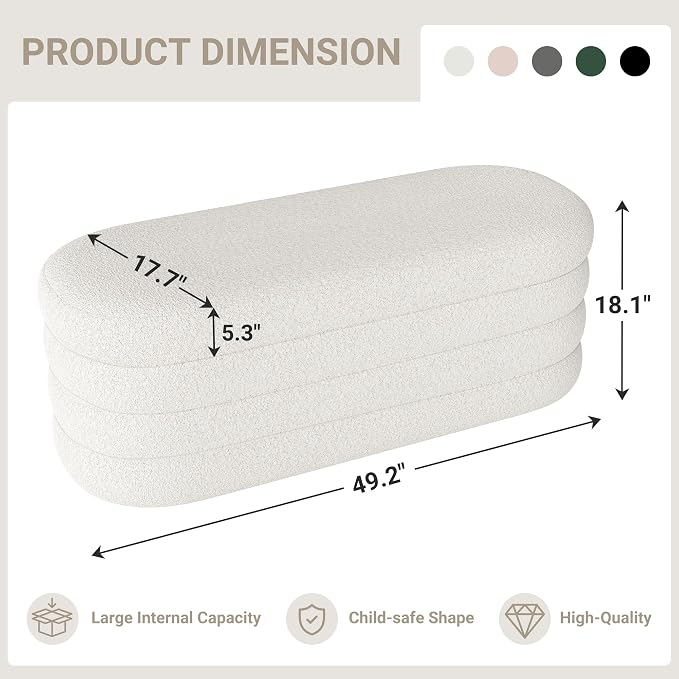 Busaurus Storage Ottoman Bench 49.2 Inch Upholstered Fabric Storage Bench for Bedroom End of Bed Aesthetic Large Oval Ottoman for Living Room Entryway (Ivory)