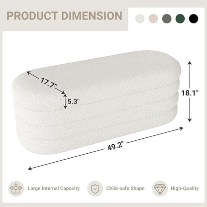 Busaurus Storage Ottoman Bench 49.2 Inch Upholstered Fabric Storage Bench for Bedroom End of Bed Aesthetic Large Oval Ottoman for Living Room Entryway (Ivory)